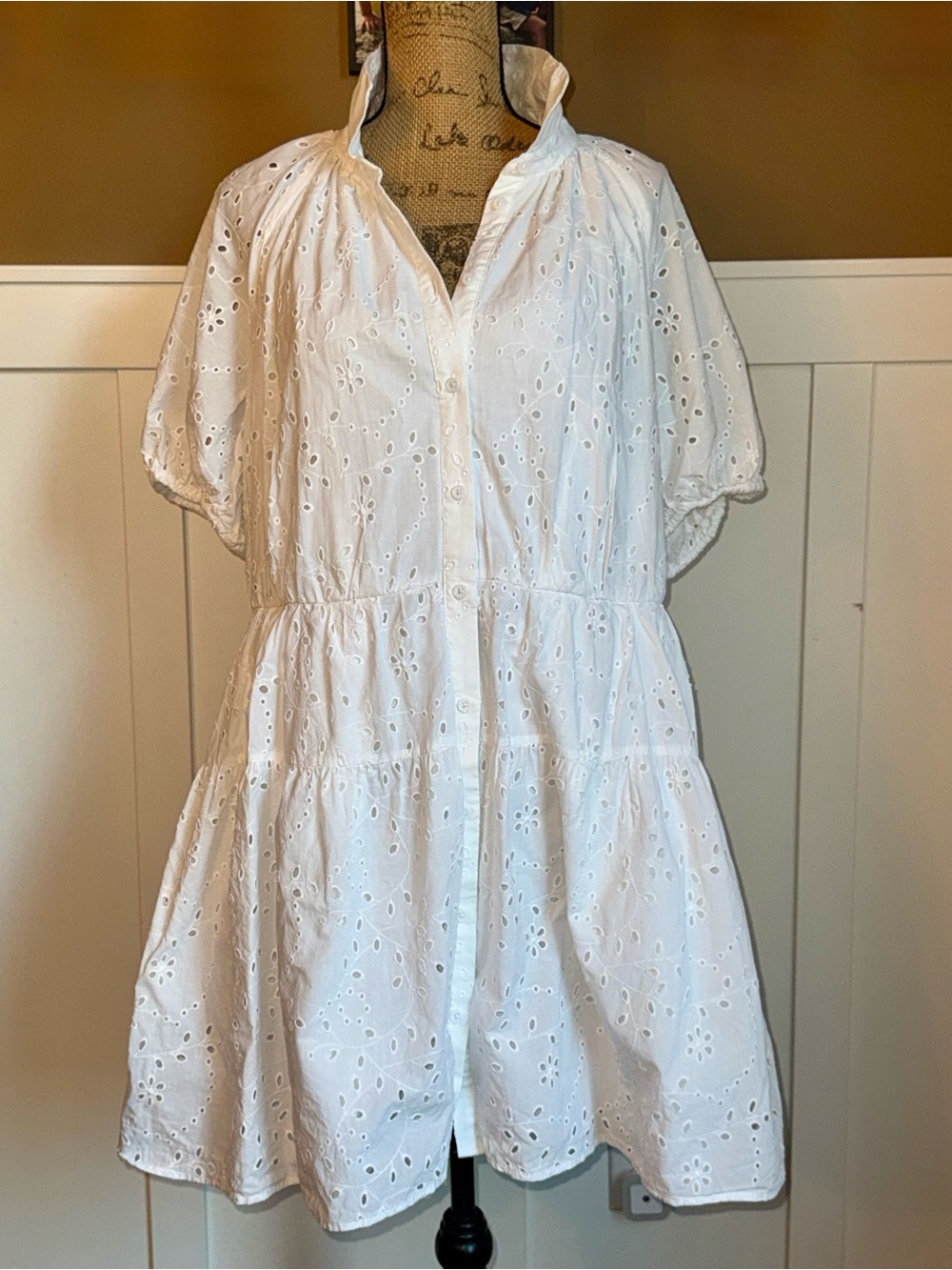 A New Day White Eyelet Mini Shirtdress XXL Balloon Sleeve Cottagecore